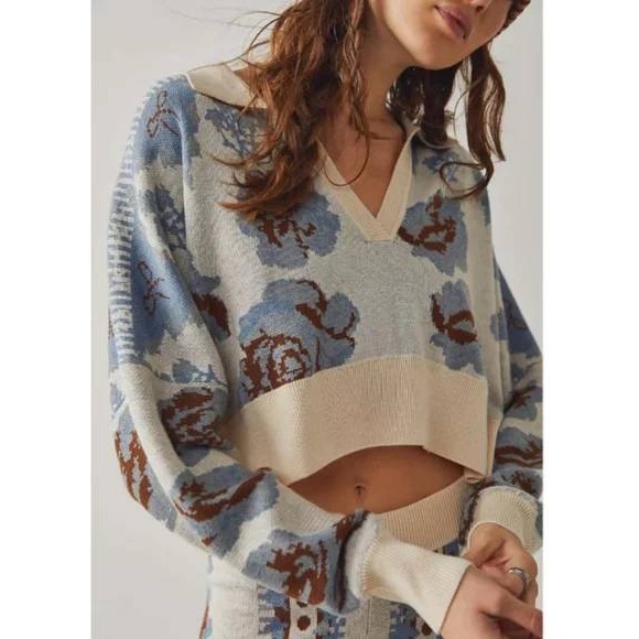 Free People Sweaters - Free People Fuzzy Feeling Polo Sweater Cropped Bows Floral Knit Top Size L